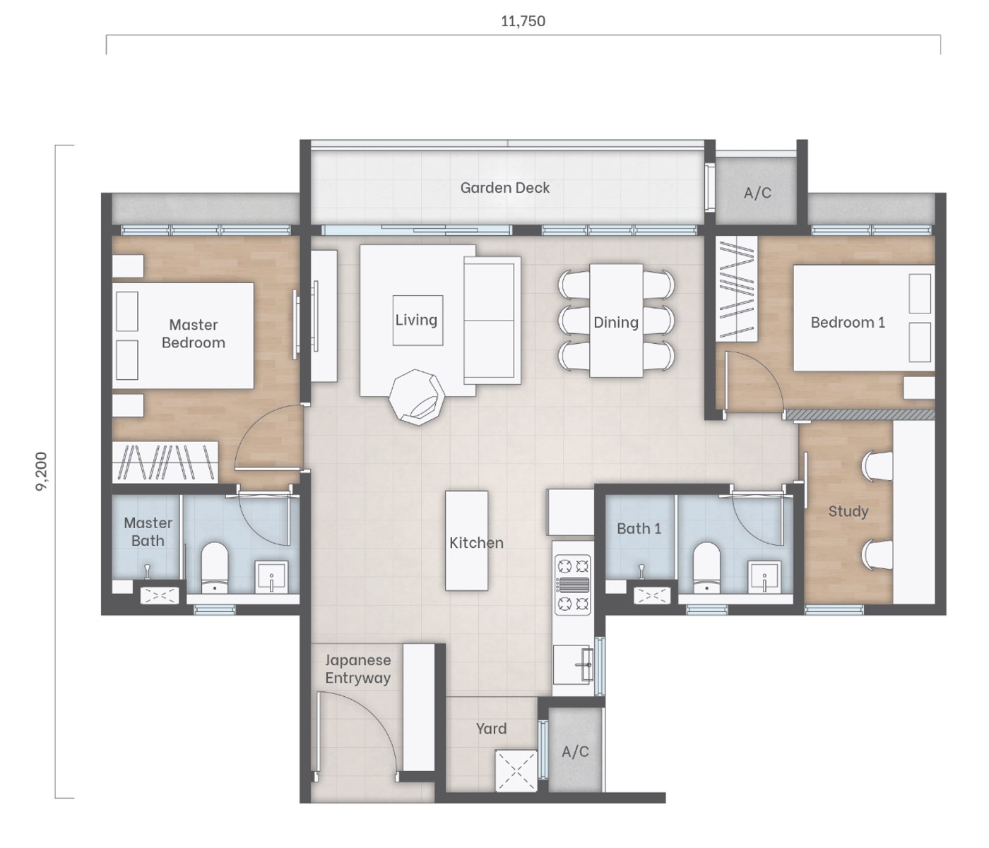 Amika Residences Type A floor plan โ 2+1 rooms, 883 sq ft