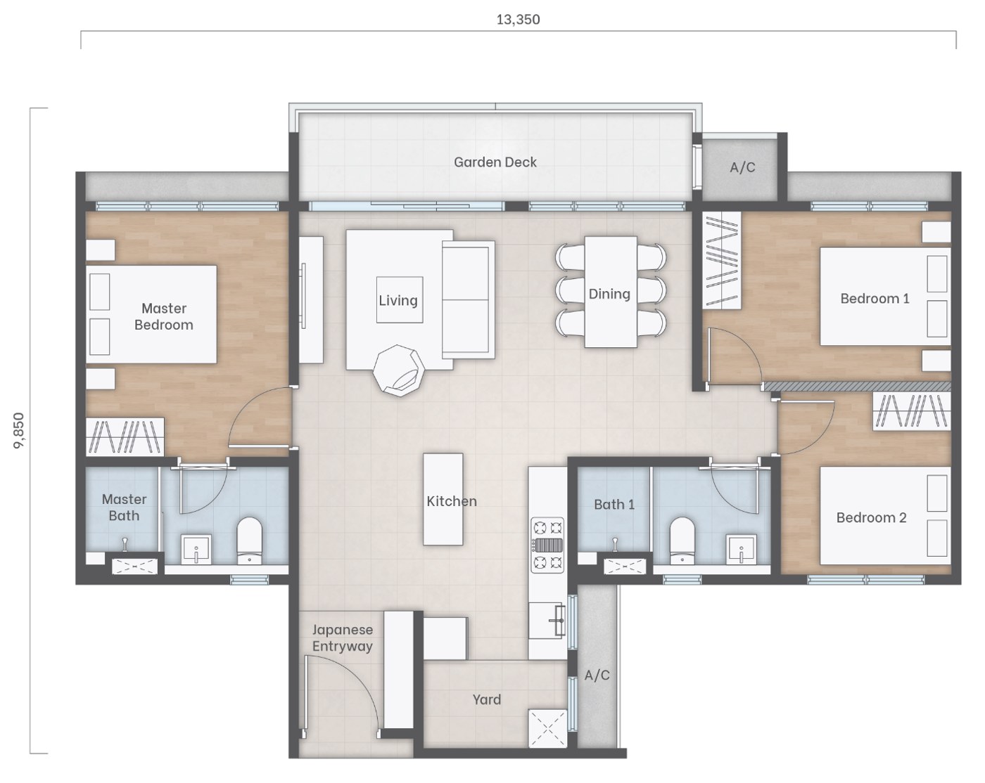 Amika Residences Type B floor plan โ 3 rooms, 1,075 sq ft