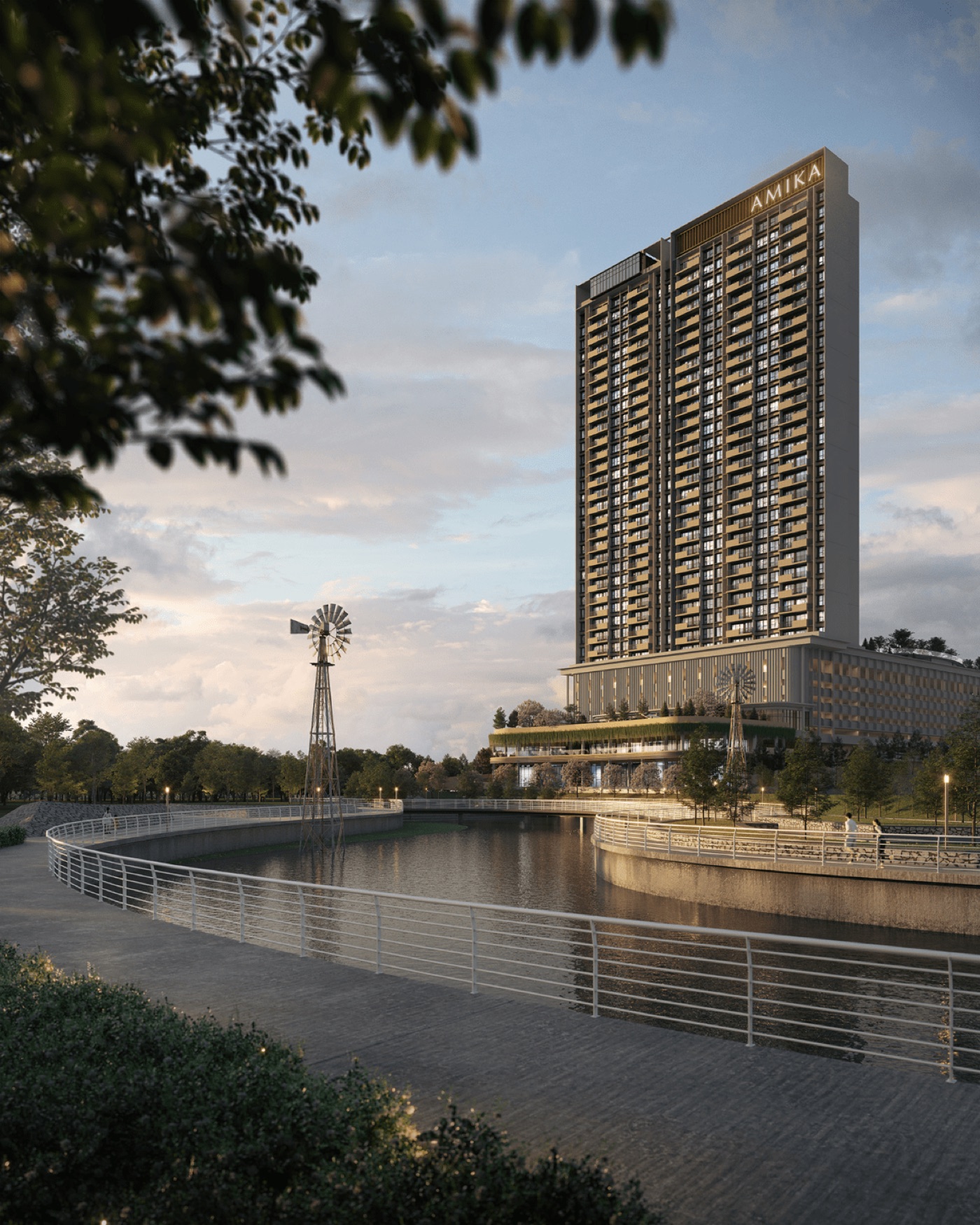 Amika Residences facade street view by the lakeside park