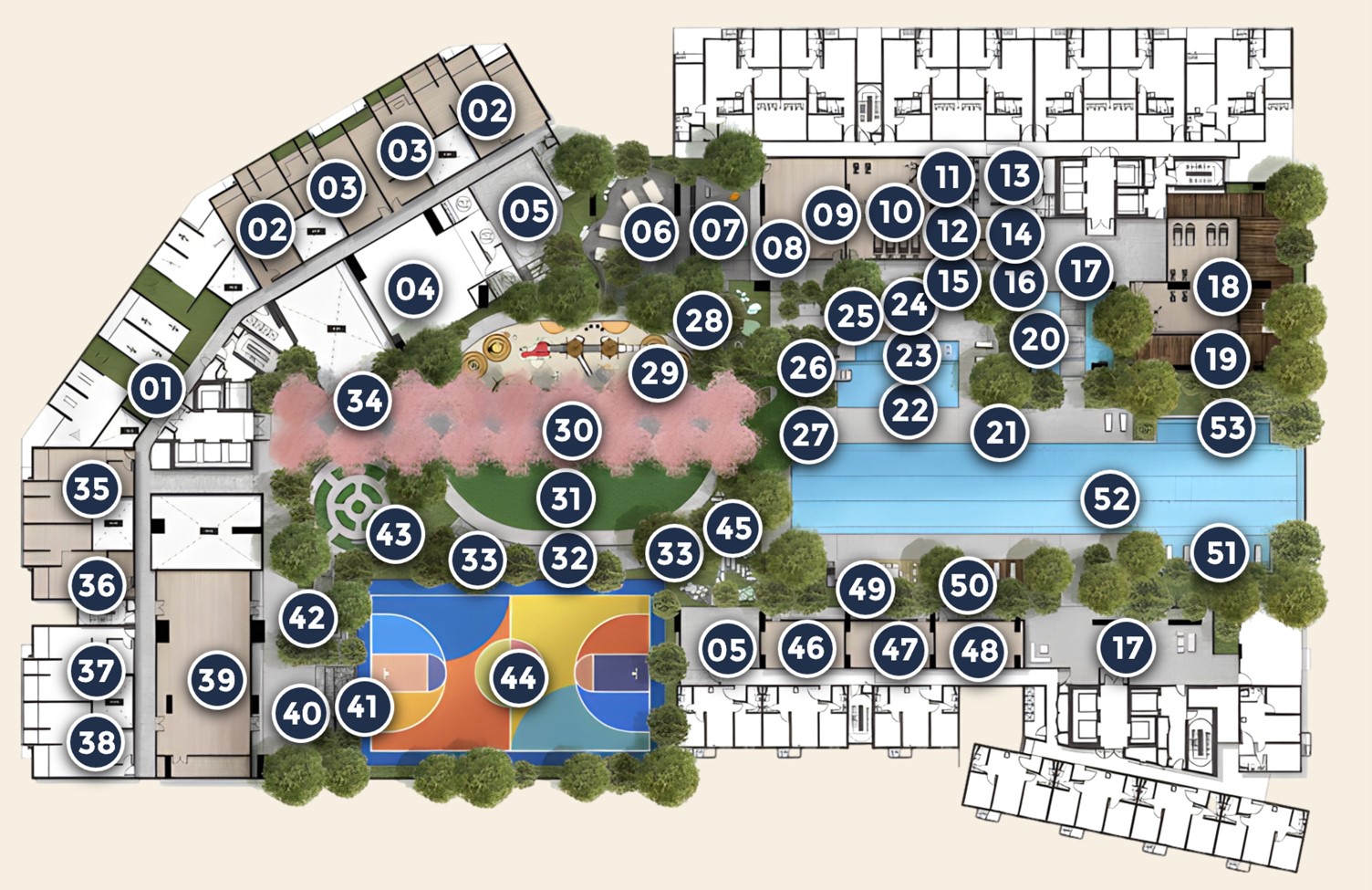 Numbered facilities plan of the Astrum Shah Alam podium deck