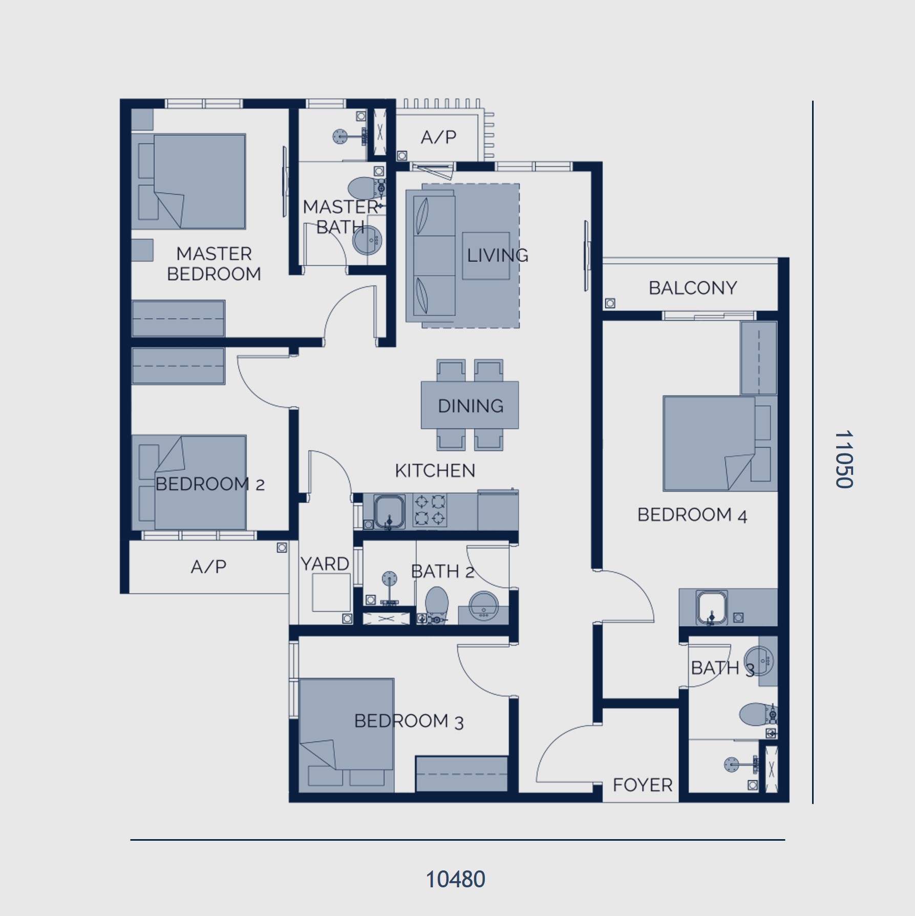 Astrum Shah Alam Type A floor plan — 1,054 sq ft, four bedrooms, three bathrooms