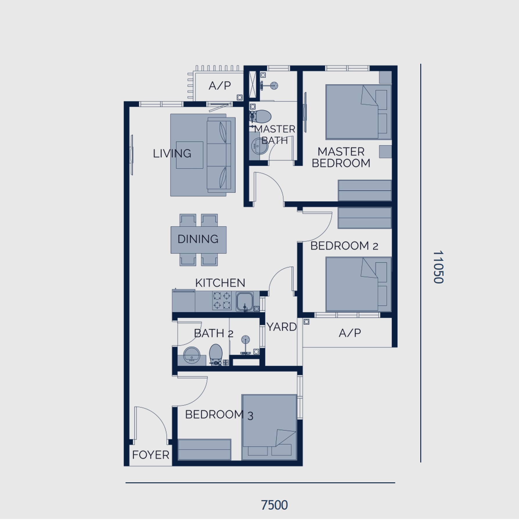 Astrum Shah Alam Type B floor plan — 775 sq ft, three bedrooms, two bathrooms