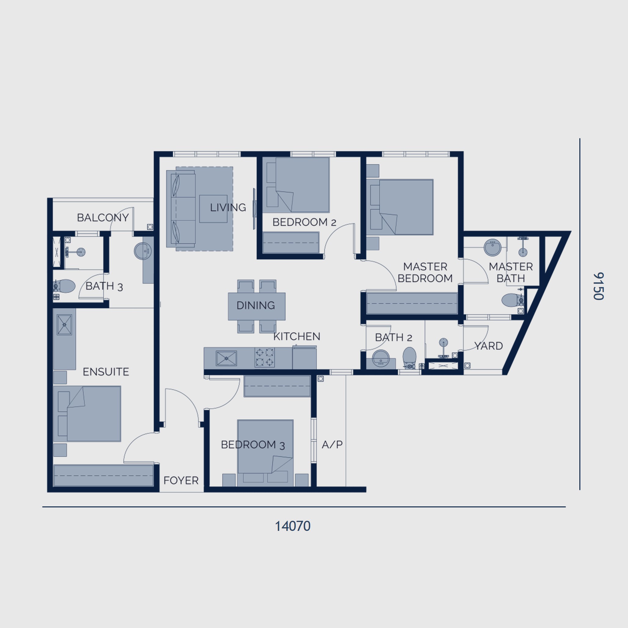 Astrum Shah Alam Type C floor plan — 1,054 sq ft, three bedrooms, three bathrooms