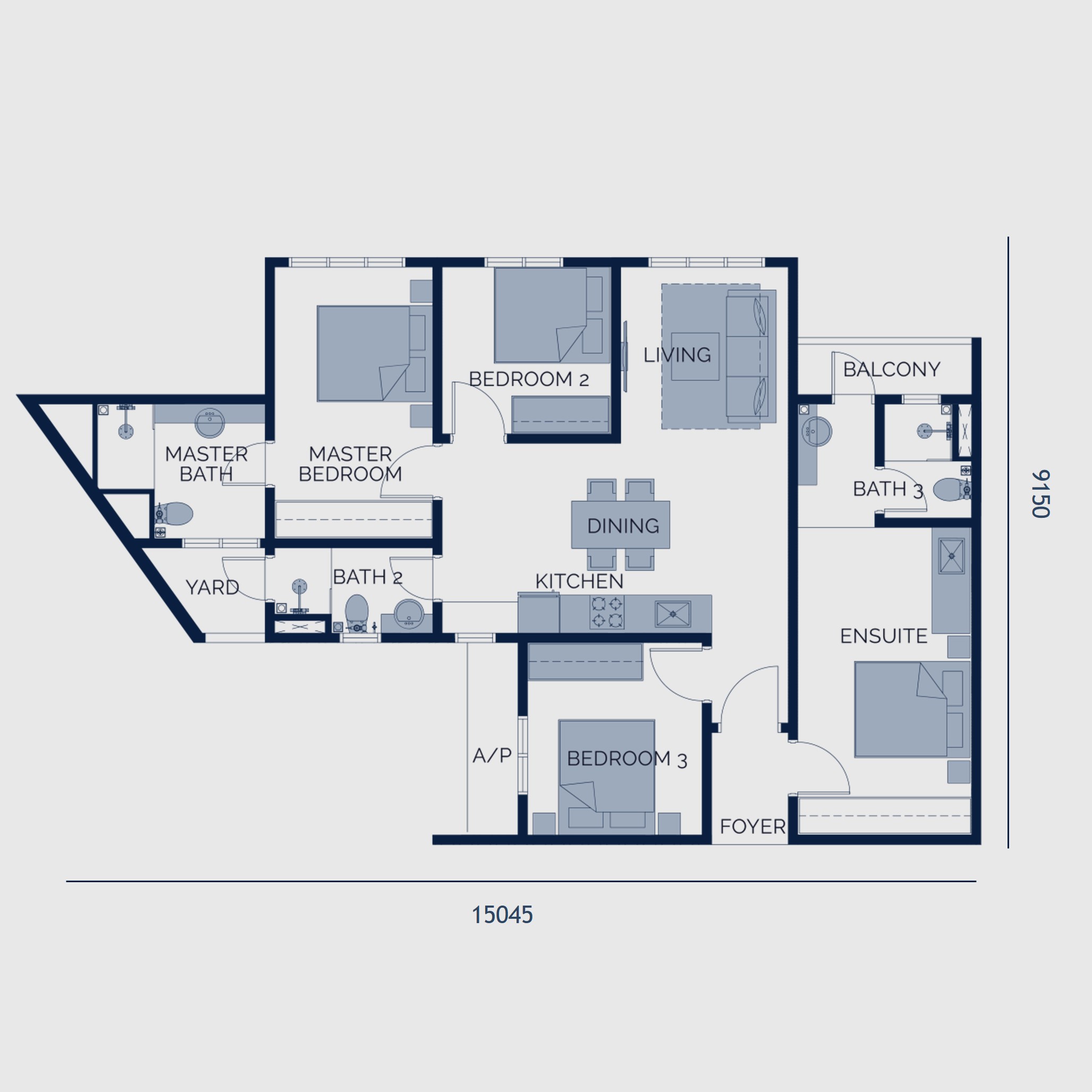Astrum Shah Alam Type D floor plan — 1,065 sq ft, three bedrooms, three bathrooms