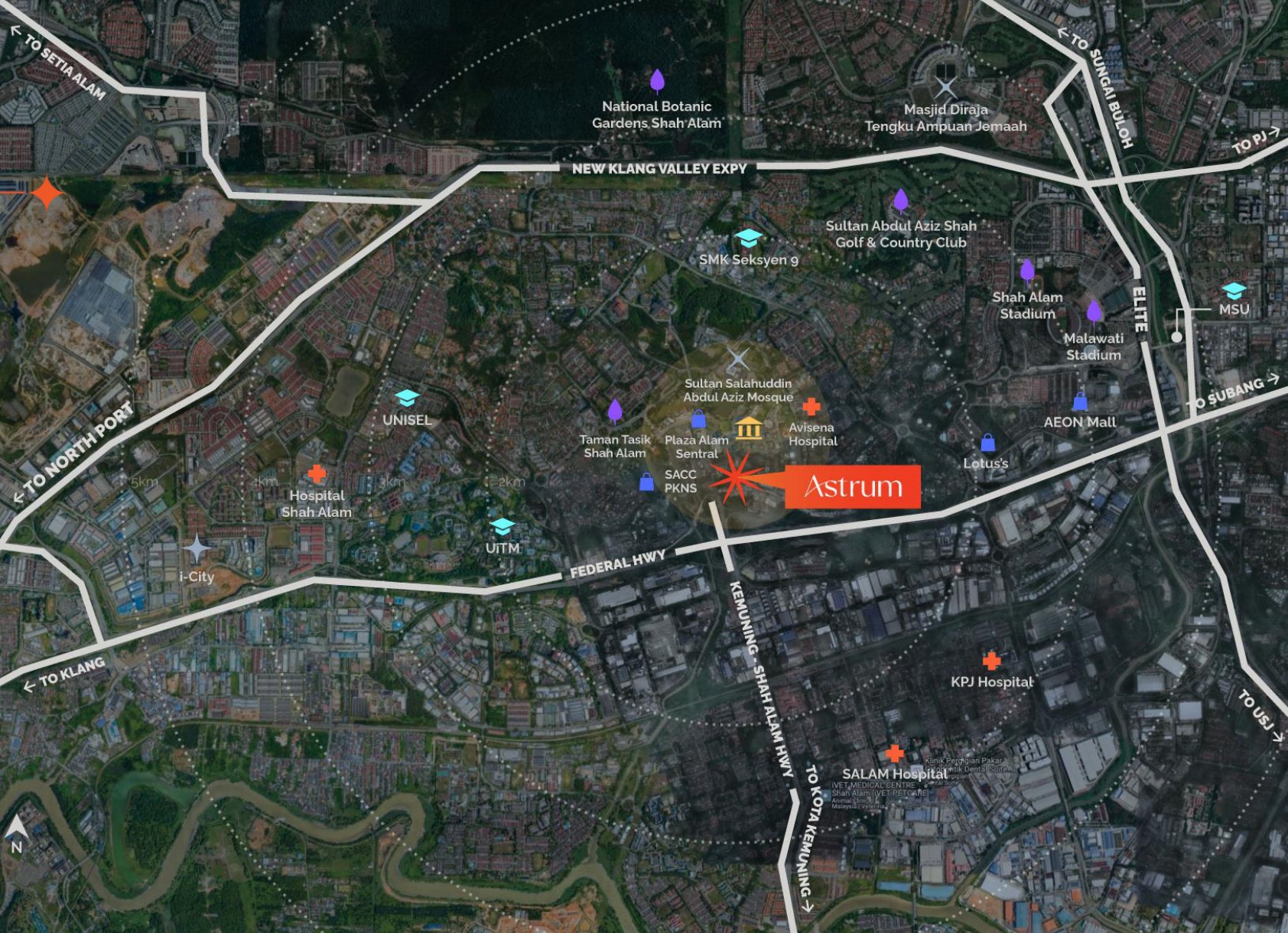 Location map showing Astrum Shah Alam and the surrounding Shah Alam amenities