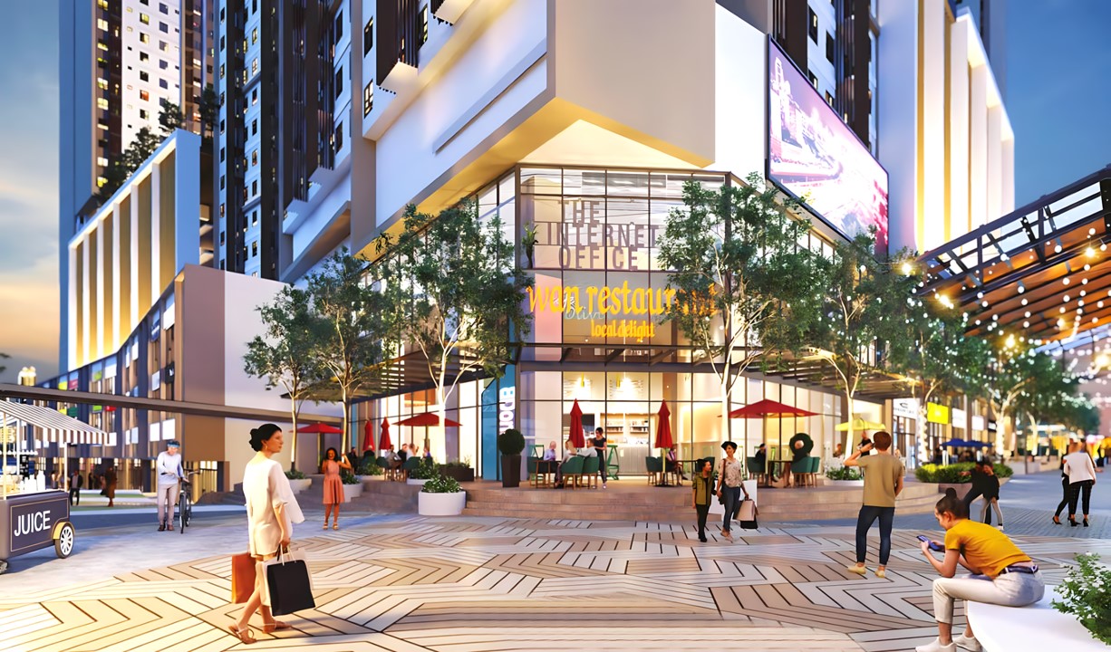 14th Avenue retail boulevard at Astrum Shah Alam, with shops, cafés and the towers above