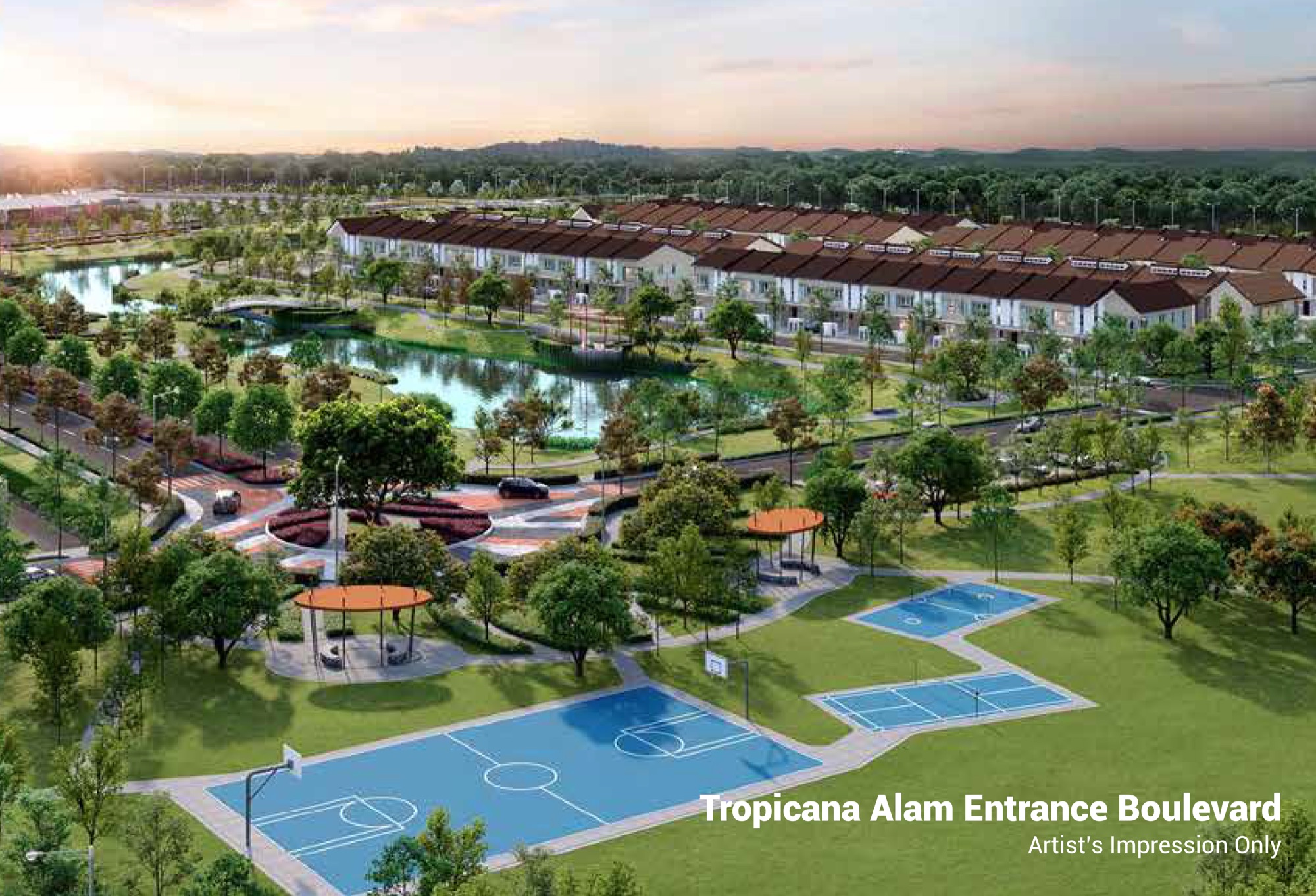 Tropicana Alam entrance boulevard aerial at sunset