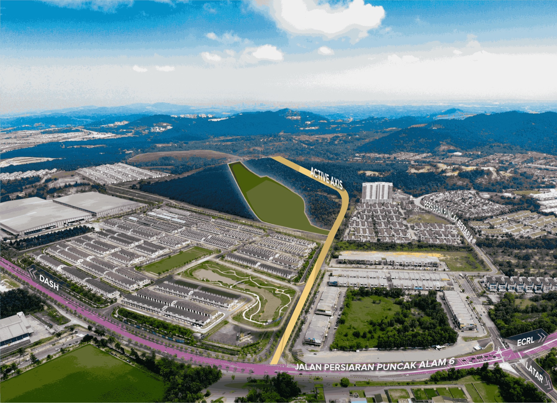 3D aerial location view of Tropicana Alam township and surroundings