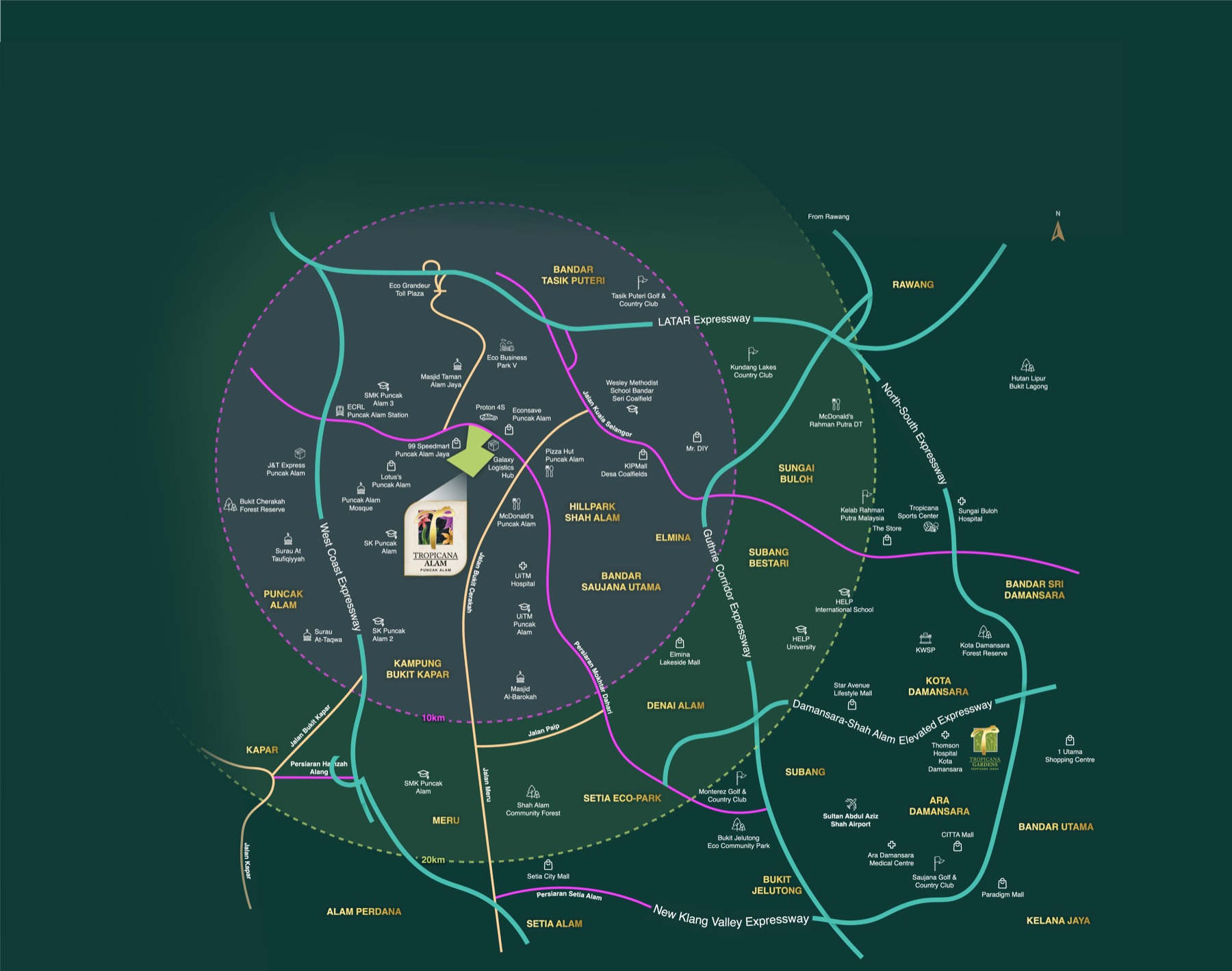 Avisa Residences location map — Tropicana Alam, Puncak Alam with surrounding highways and amenities