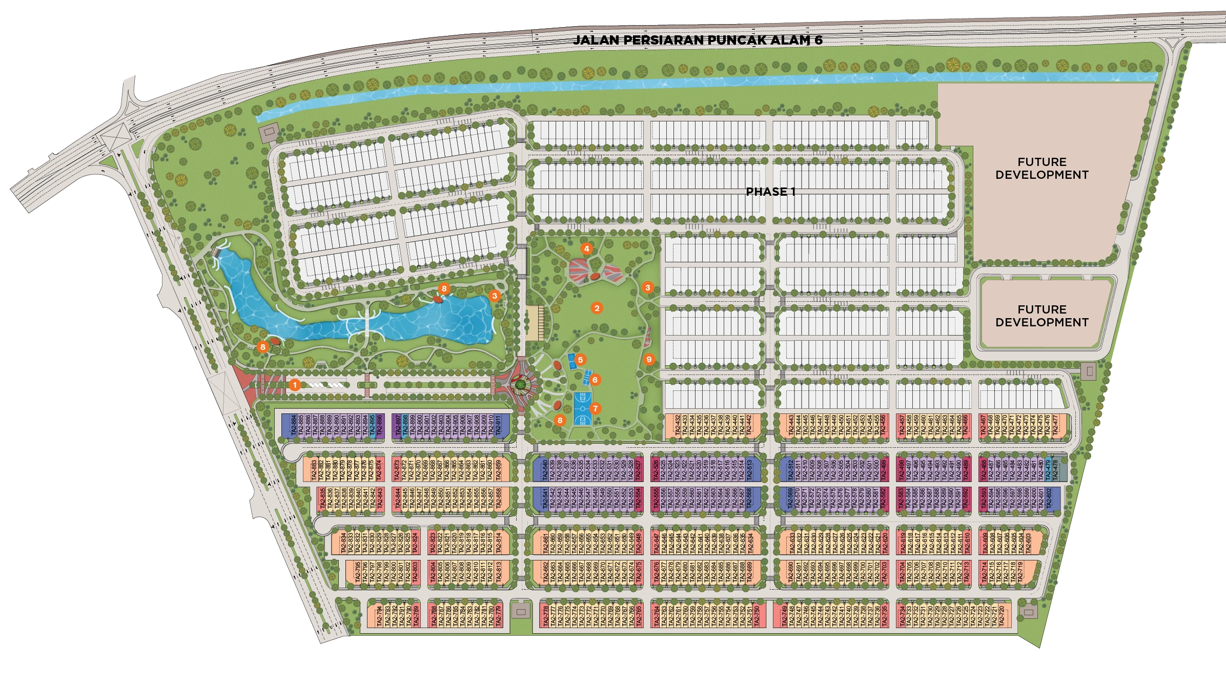Avisa Residences Phase 2 masterplan — lake park, sports courts and terrace home precincts at Tropicana Alam