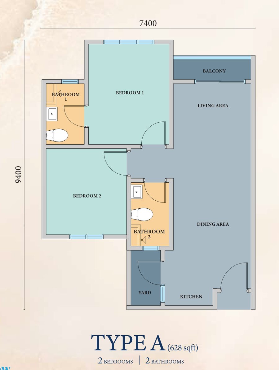 Azurite Residence Type A floor plan — 628 sq ft, two bedrooms, two bathrooms
