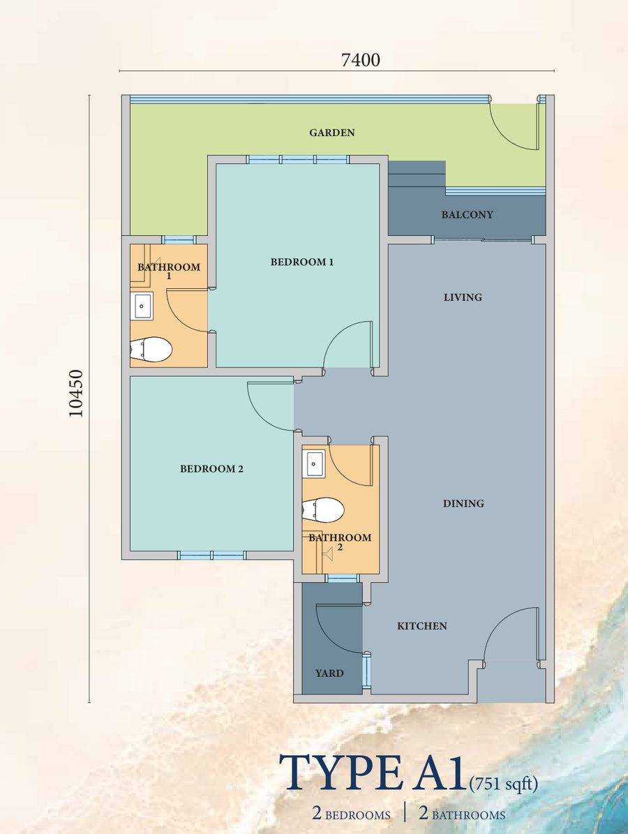 Azurite Residence Type A1 floor plan — 751 sq ft, two bedrooms with private garden