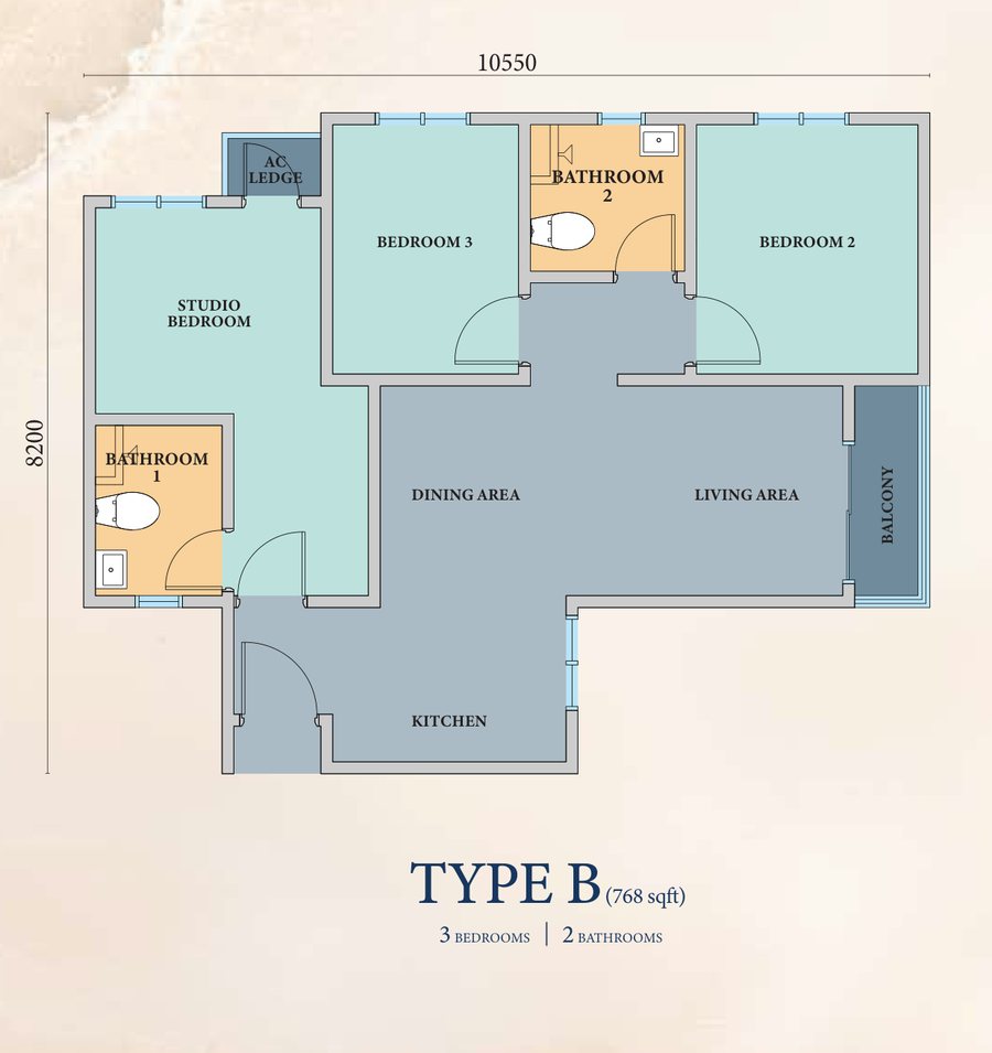 Azurite Residence Type B floor plan — 768 sq ft, three bedrooms, two bathrooms, corner unit
