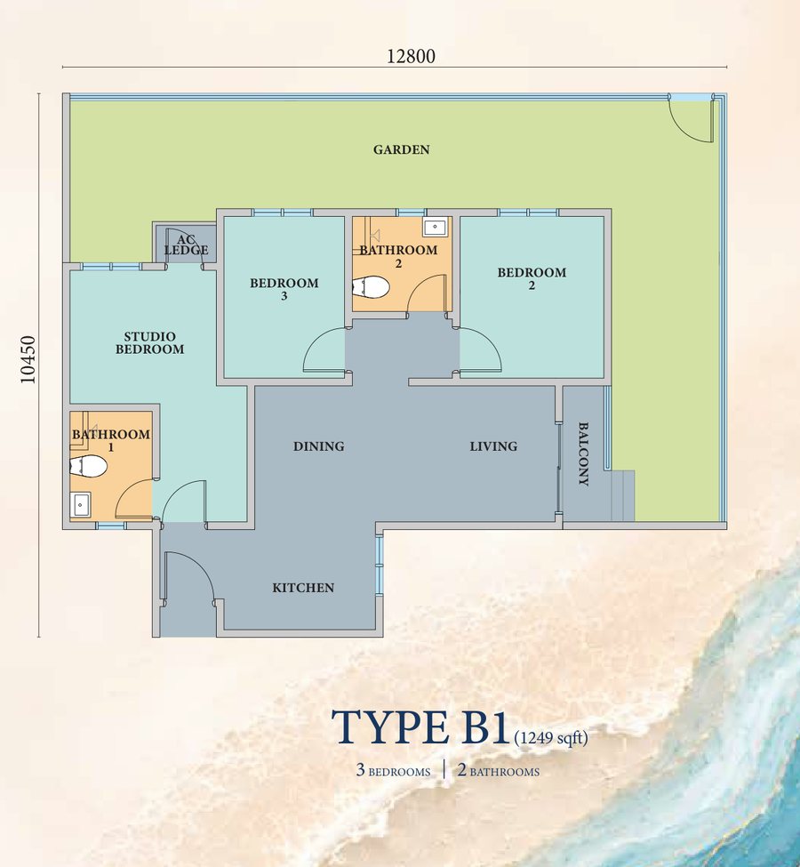 Azurite Residence Type B1 floor plan — 1,249 sq ft, three bedrooms with large private garden