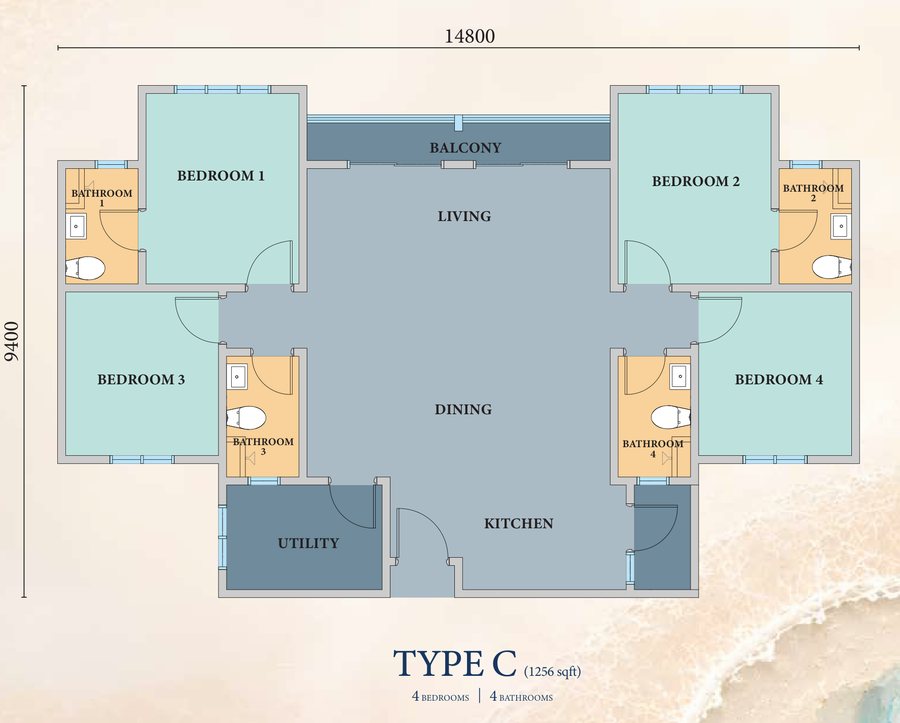 Azurite Residence Type C floor plan — 1,256 sq ft, four bedrooms, four ensuite bathrooms