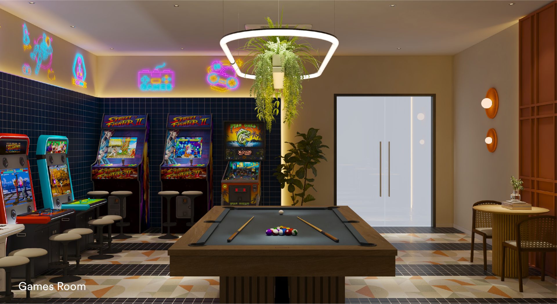 Games room retro arcade machines and pinball with neon signs at Sena Residences