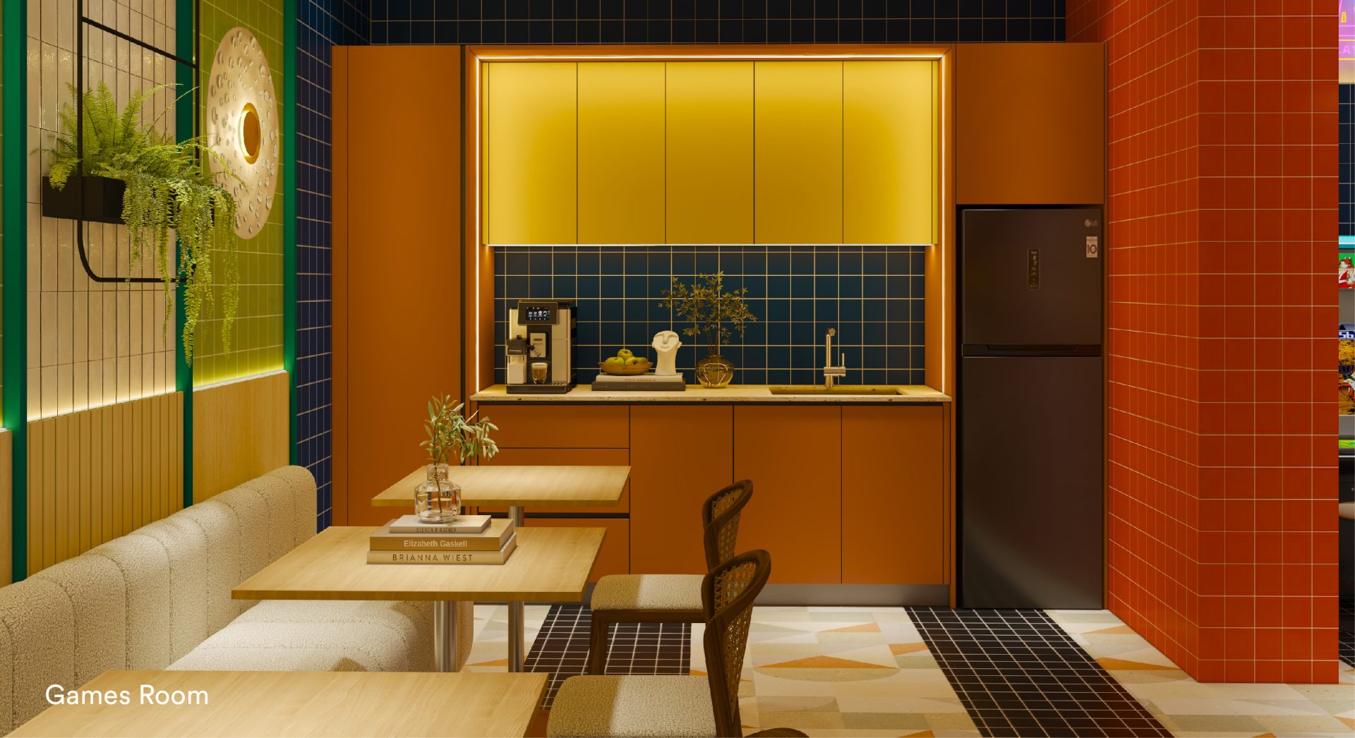 Games room pantry corner with coffee machine and banquette seating at Sena Residences
