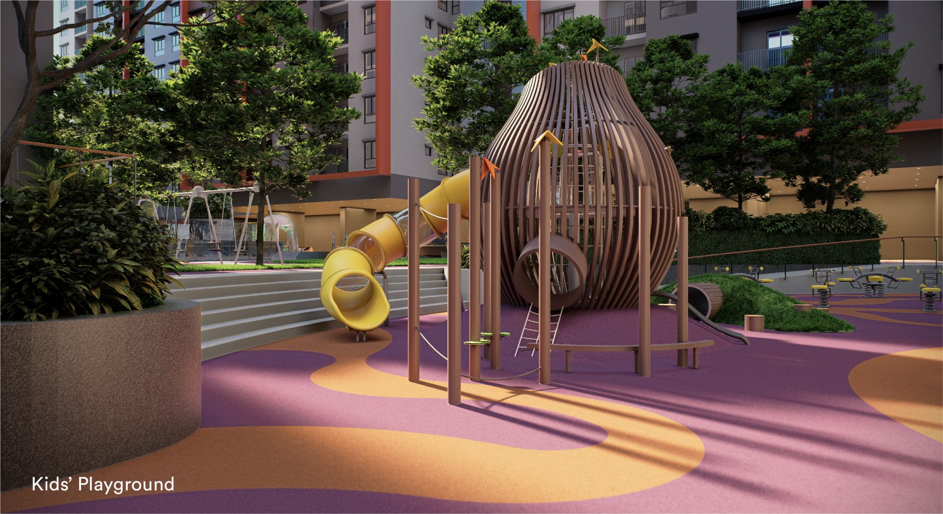 Kids' playground with sculptural climbing pod, tube slide and swings at Sena Residences