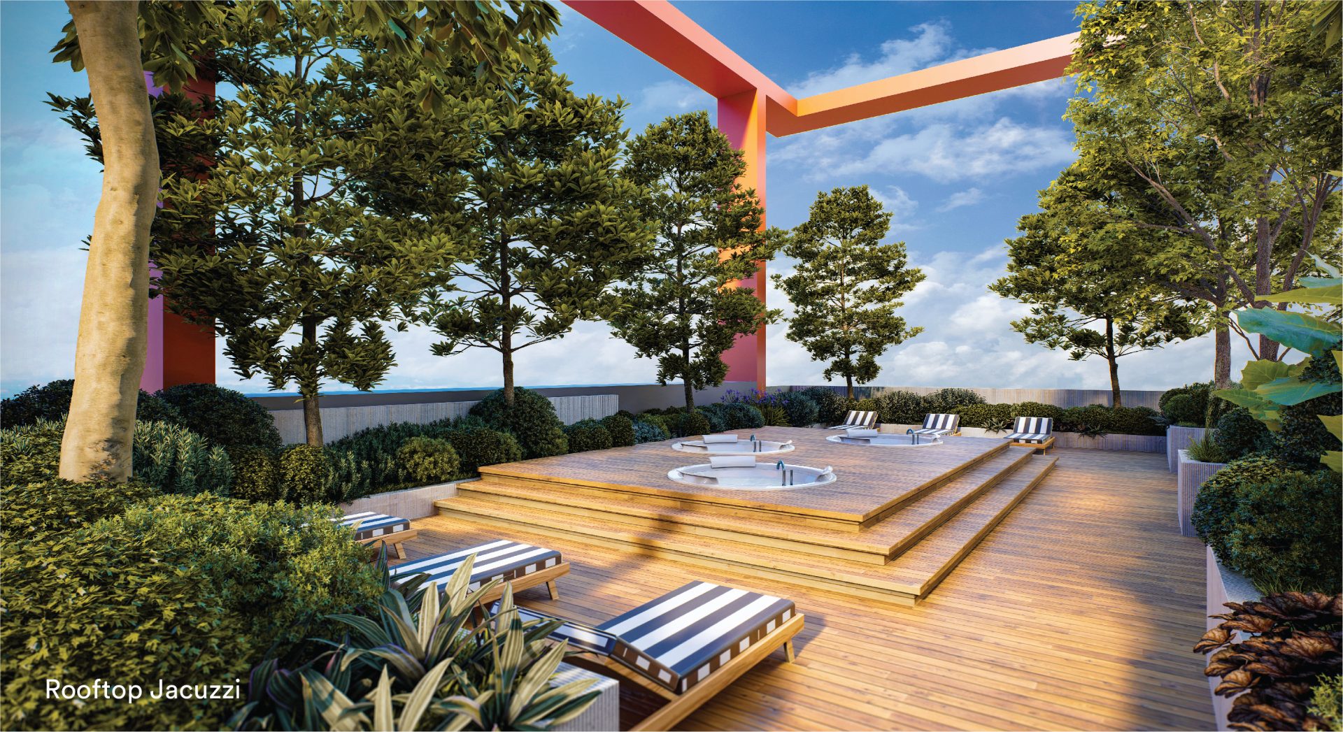 Rooftop jacuzzi deck with sun loungers and landscaped gardens at Sena Residences