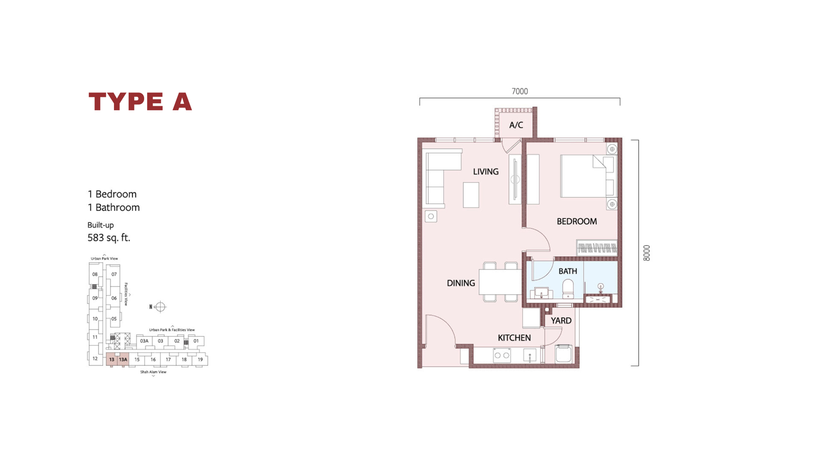 SouthPlace 2 Type A floor plan — 1 bedroom, 583 sq ft
