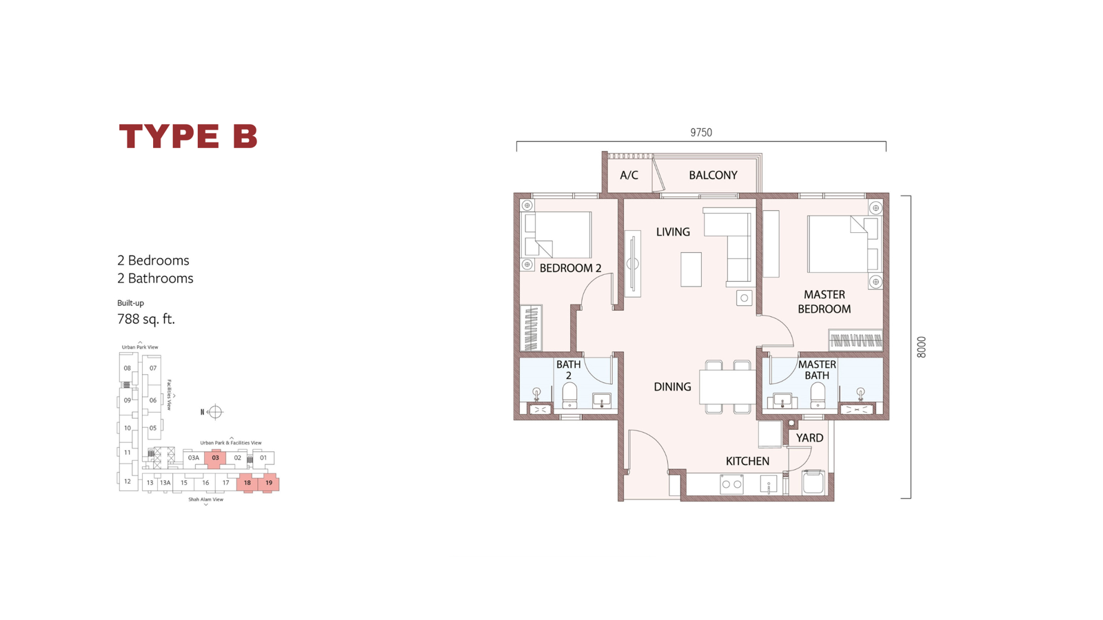 SouthPlace 2 Type B floor plan — 2 bedrooms, 788 sq ft
