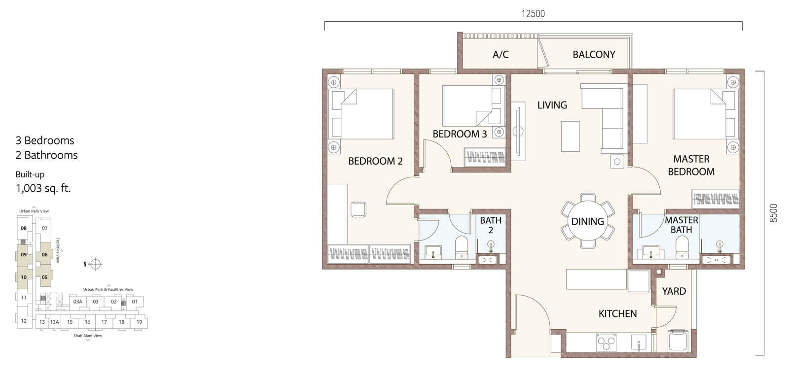 SouthPlace 2 Type C floor plan — 3 bedrooms, 1,003 sq ft