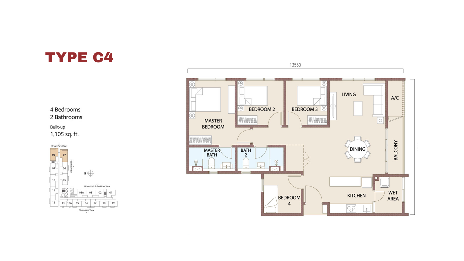 SouthPlace 2 Type C4 floor plan — 4 bedrooms, 1,105 sq ft