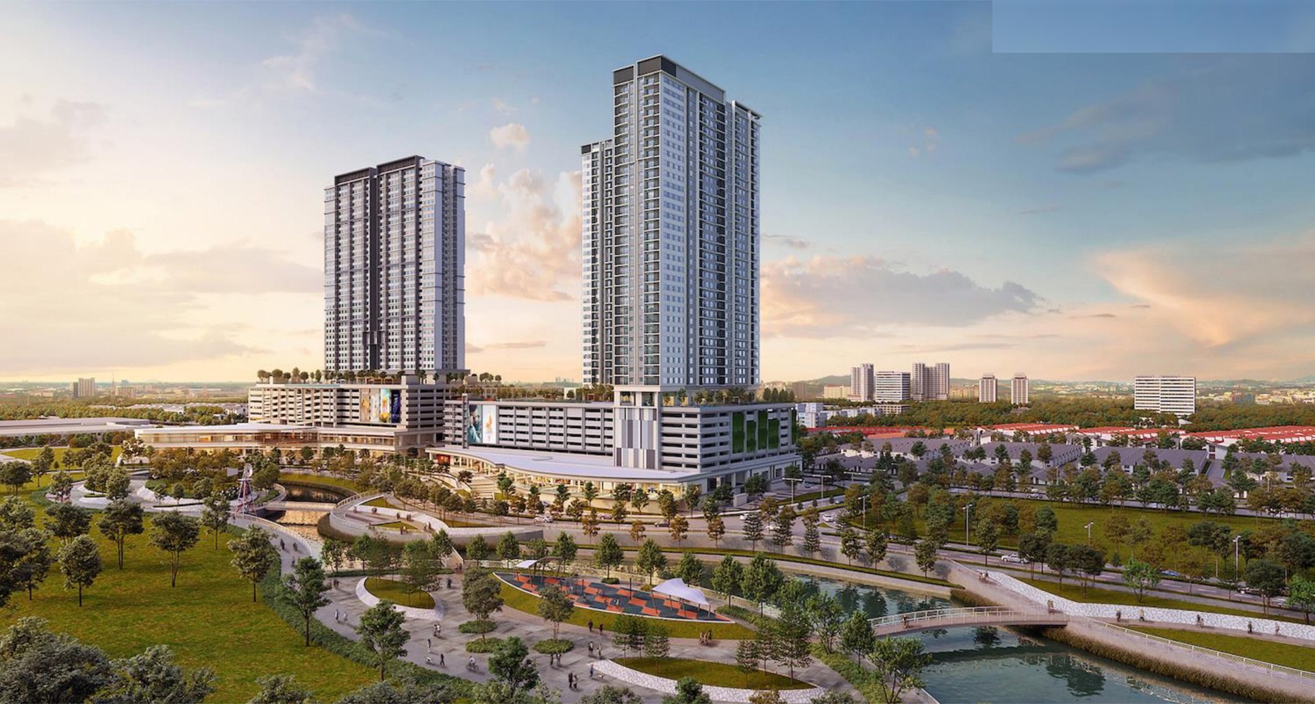 SouthPlace 2 Residences twin towers at dusk, parkfront view