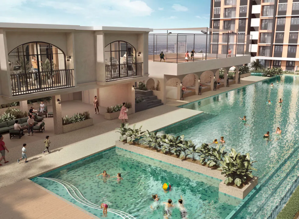 Aerial view of the 50m lap pool, kids splash pool and facilities pavilion at Tamu Residences