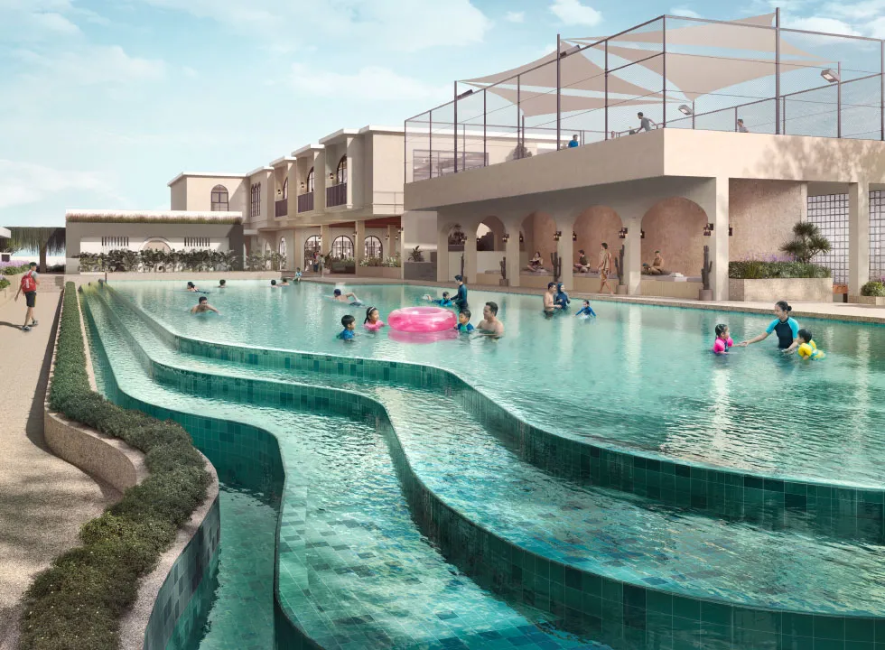 Kids splash pool with cascading tiers